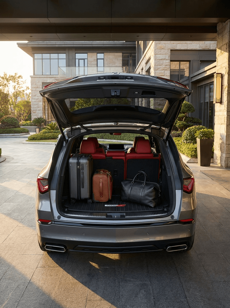The open rear hatch of an executive SUV loaded with suitcases and a weekend bag