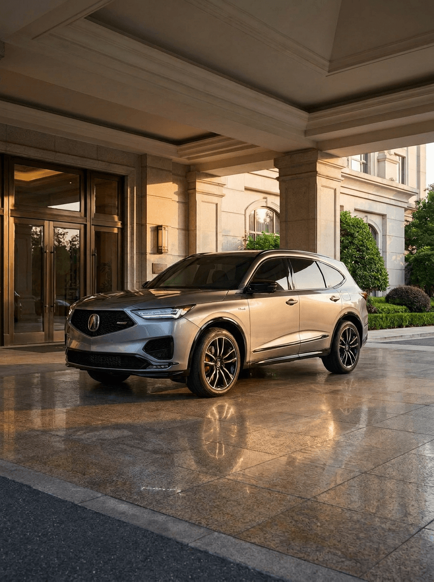 A silver executive SUV waiting under the lit portico of a stone building at golden hour