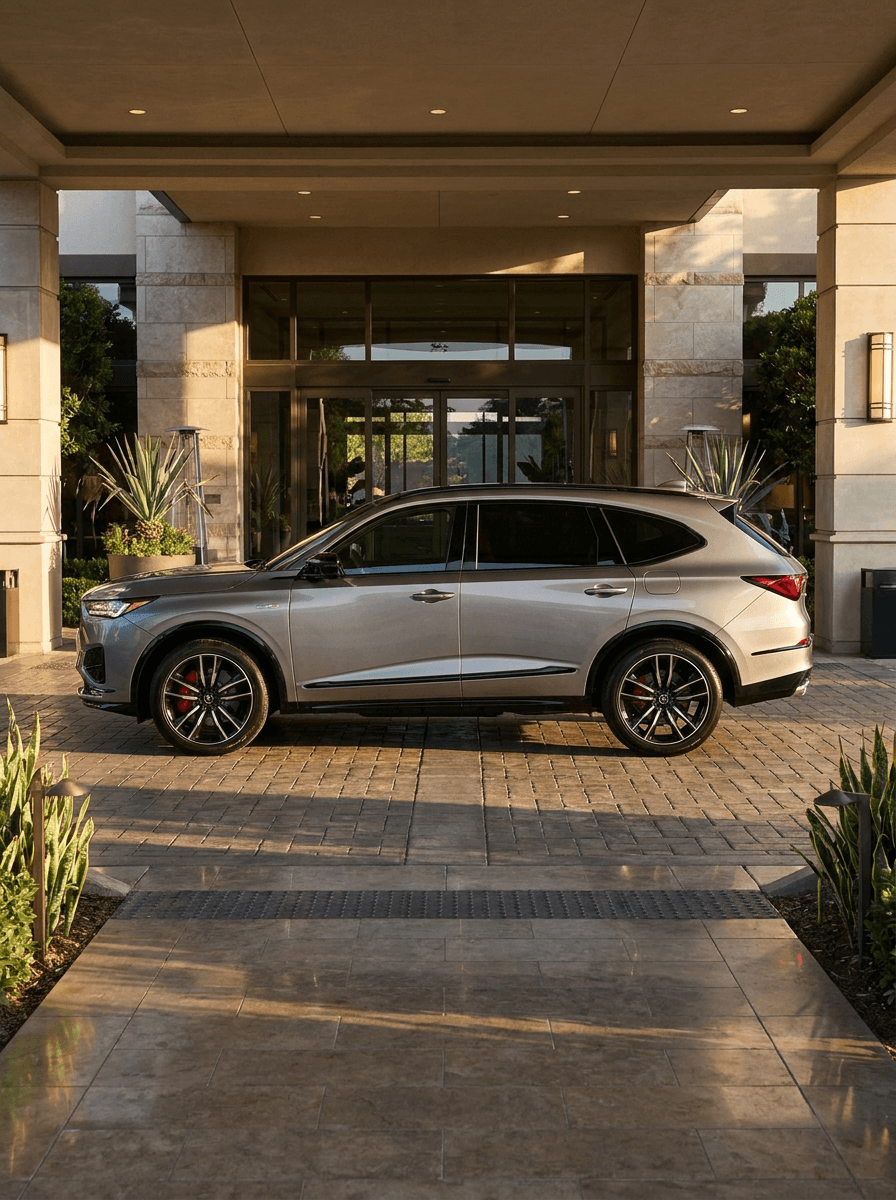 A silver executive SUV in side profile at a hotel entrance